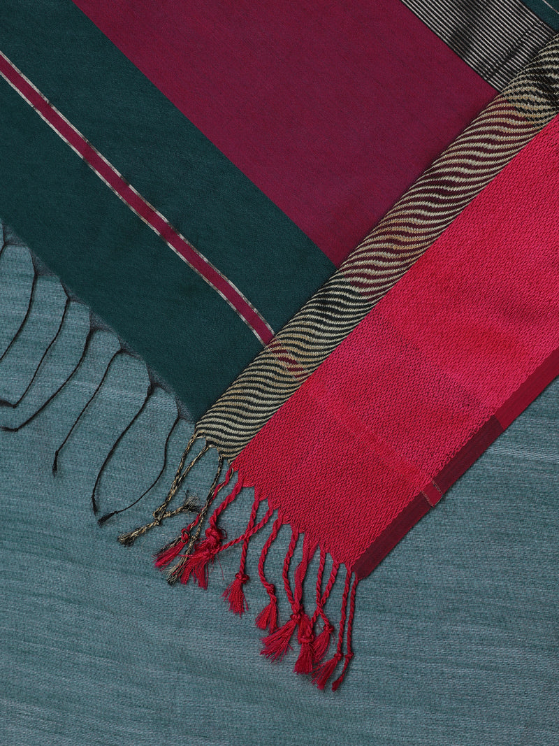 Maheshwari Cotton Silk Peacock Green Saree With Ganga-Jamuna Border-Binks