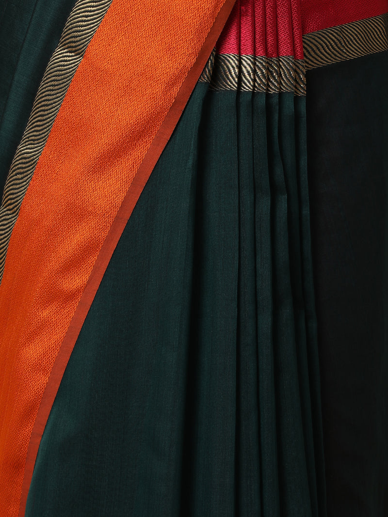 Maheshwari Cotton Silk Peacock Green Saree With Ganga-Jamuna Border-Binks