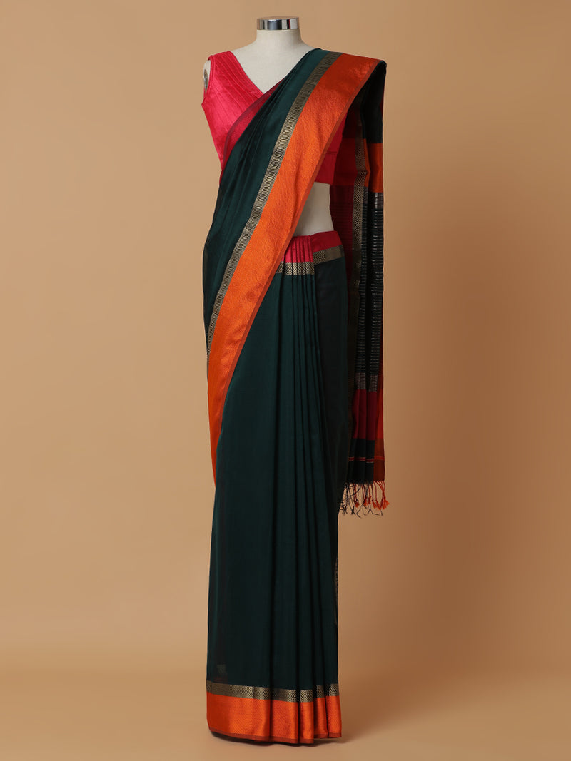 Maheshwari Cotton Silk Peacock Green Saree With Ganga-Jamuna Border-Binks