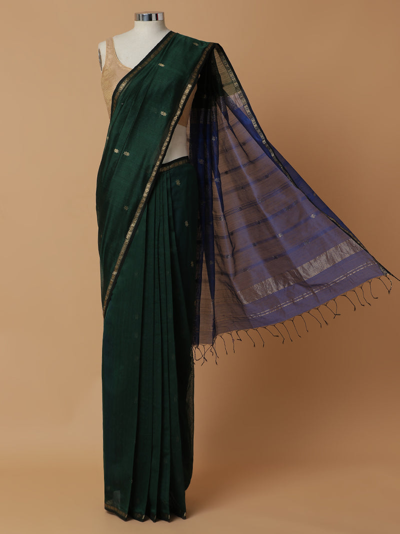 Maheshwari Cotton Silk Dark Green Saree With Chameli Phool Butta-Binks