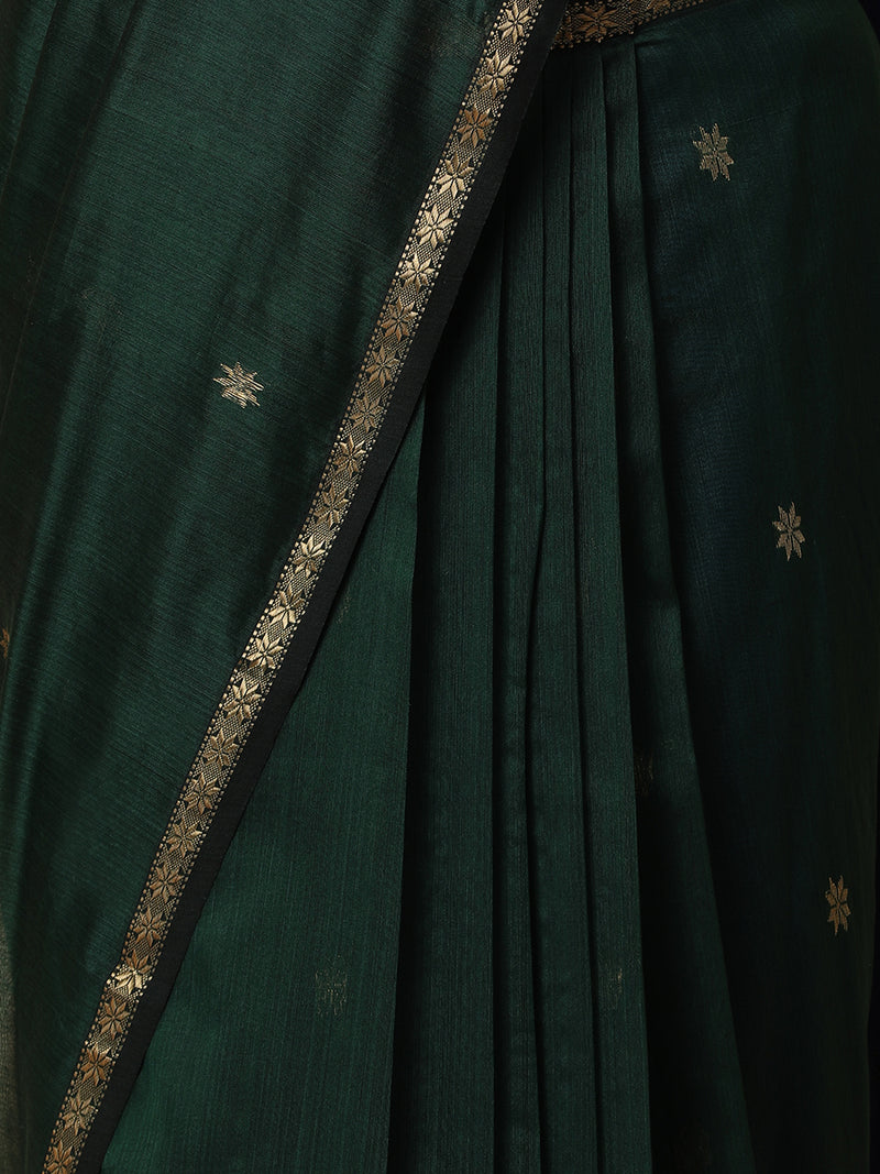Maheshwari Cotton Silk Dark Green Saree With Chameli Phool Butta-Binks