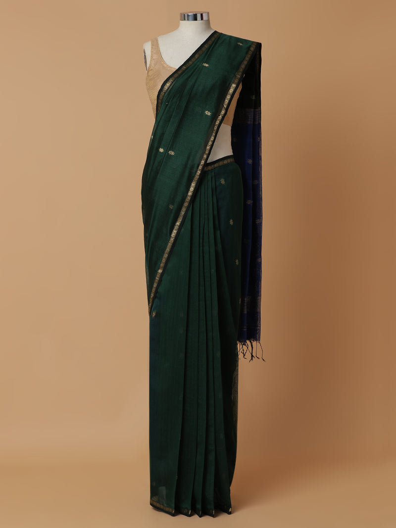 Maheshwari Cotton Silk Dark Green Saree With Chameli Phool Butta-Binks
