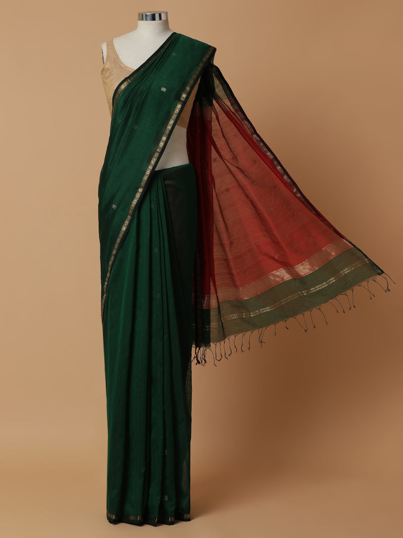 Maheshwari Cotton Silk Emerald Green saree With Chameli Phool Butta-Binks