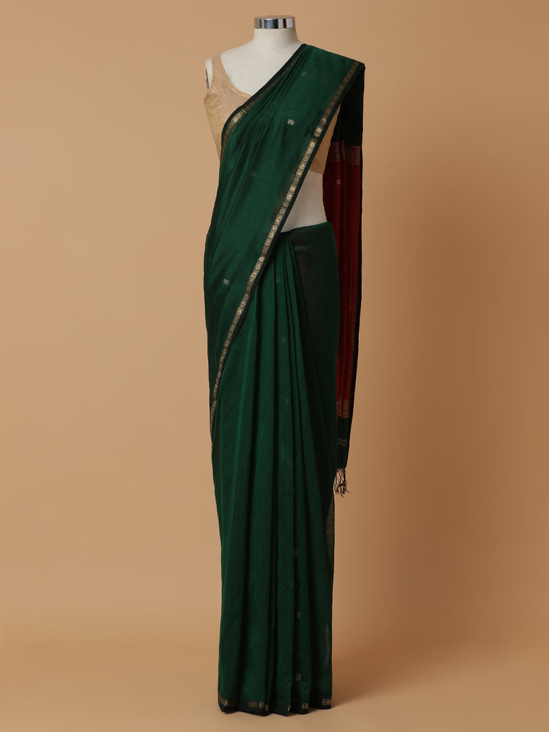 Maheshwari Cotton Silk Emerald Green saree With Chameli Phool Butta-Binks