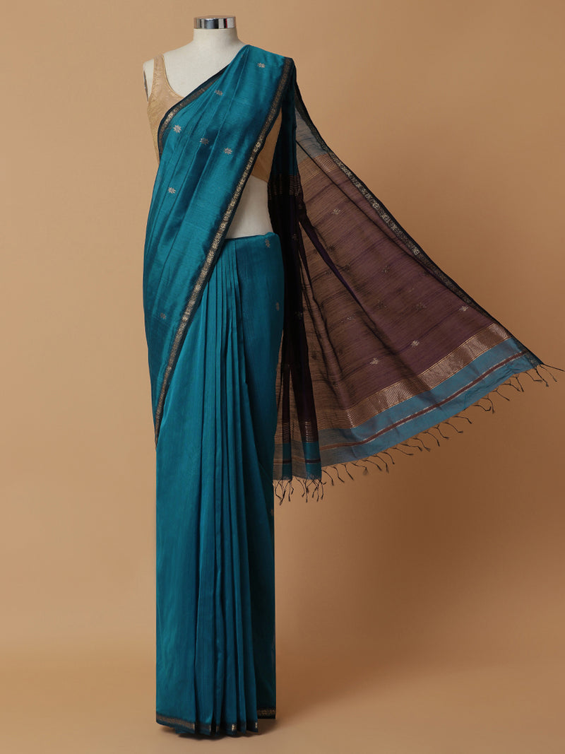 Maheshwari Cotton Silk Blue Saree with Chameli Phool Butta-Binks
