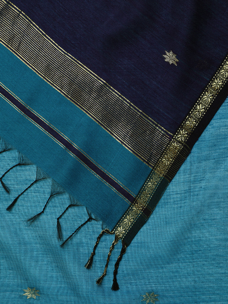 Maheshwari Cotton Silk Blue Saree with Chameli Phool Butta-Binks