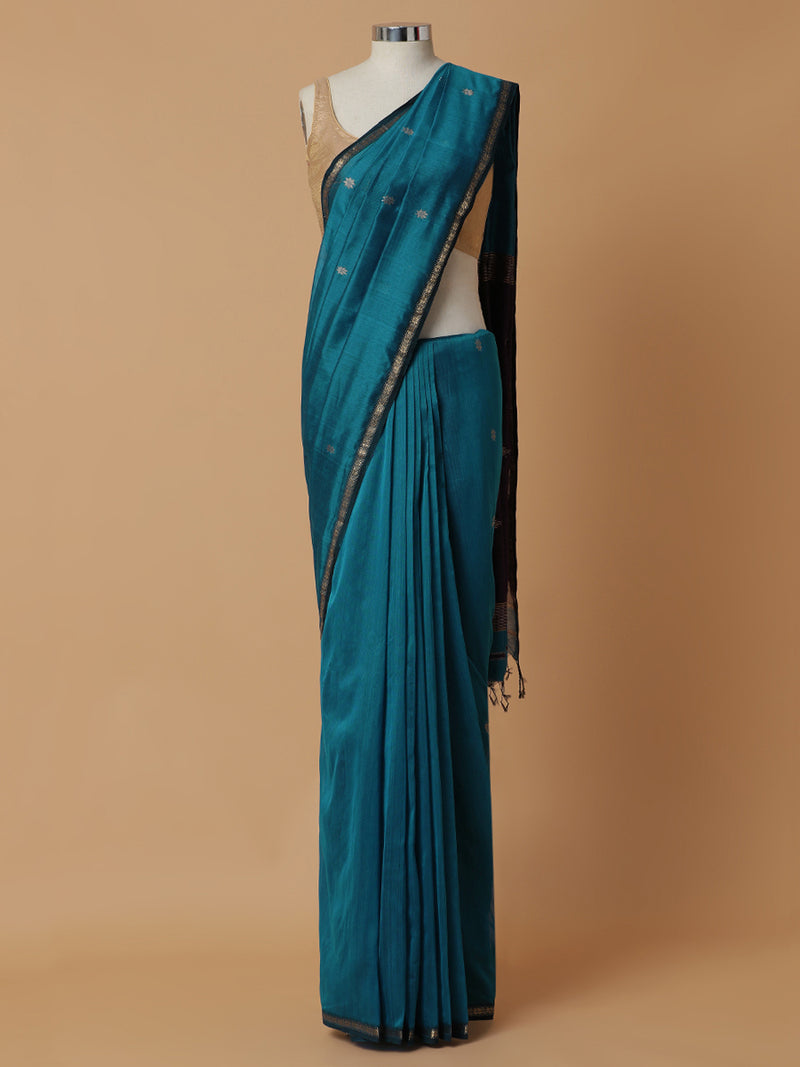 Maheshwari Cotton Silk Blue Saree with Chameli Phool Butta-Binks