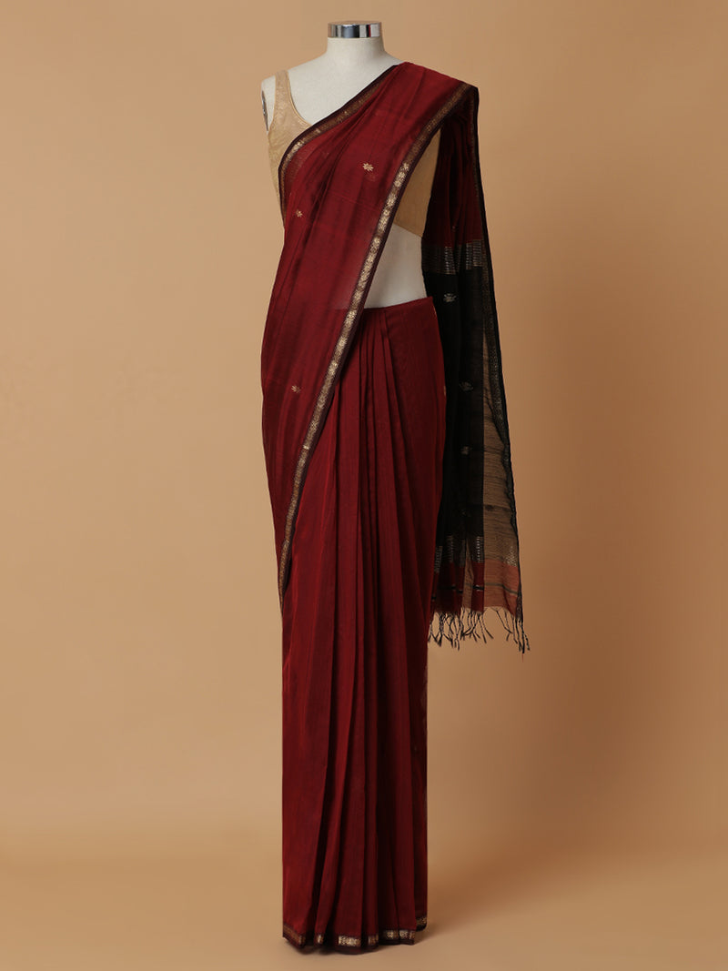 Maheshwari Cotton Silk Deep Maroon Saree With Chameli Phool Butta-Binks