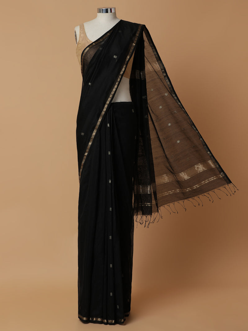 Maheshwari Cotton Silk Jet Black Saree With Chameli Phool Butta-Binks