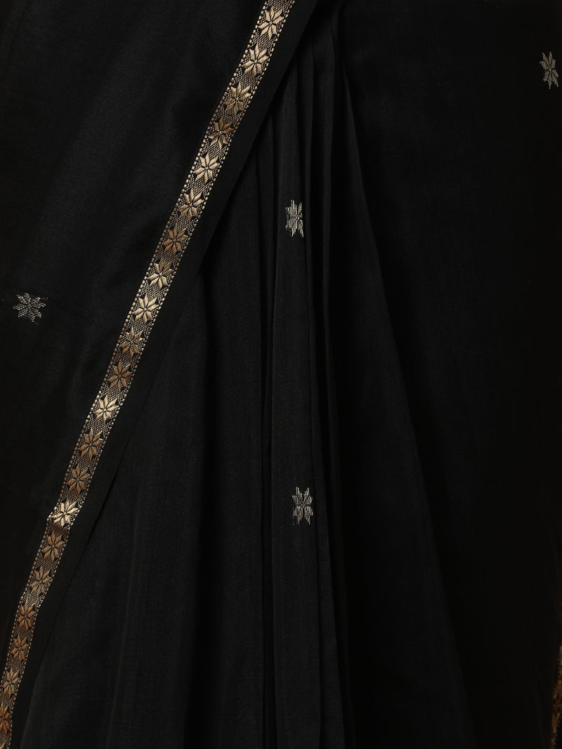 Maheshwari Cotton Silk Jet Black Saree With Chameli Phool Butta-Binks