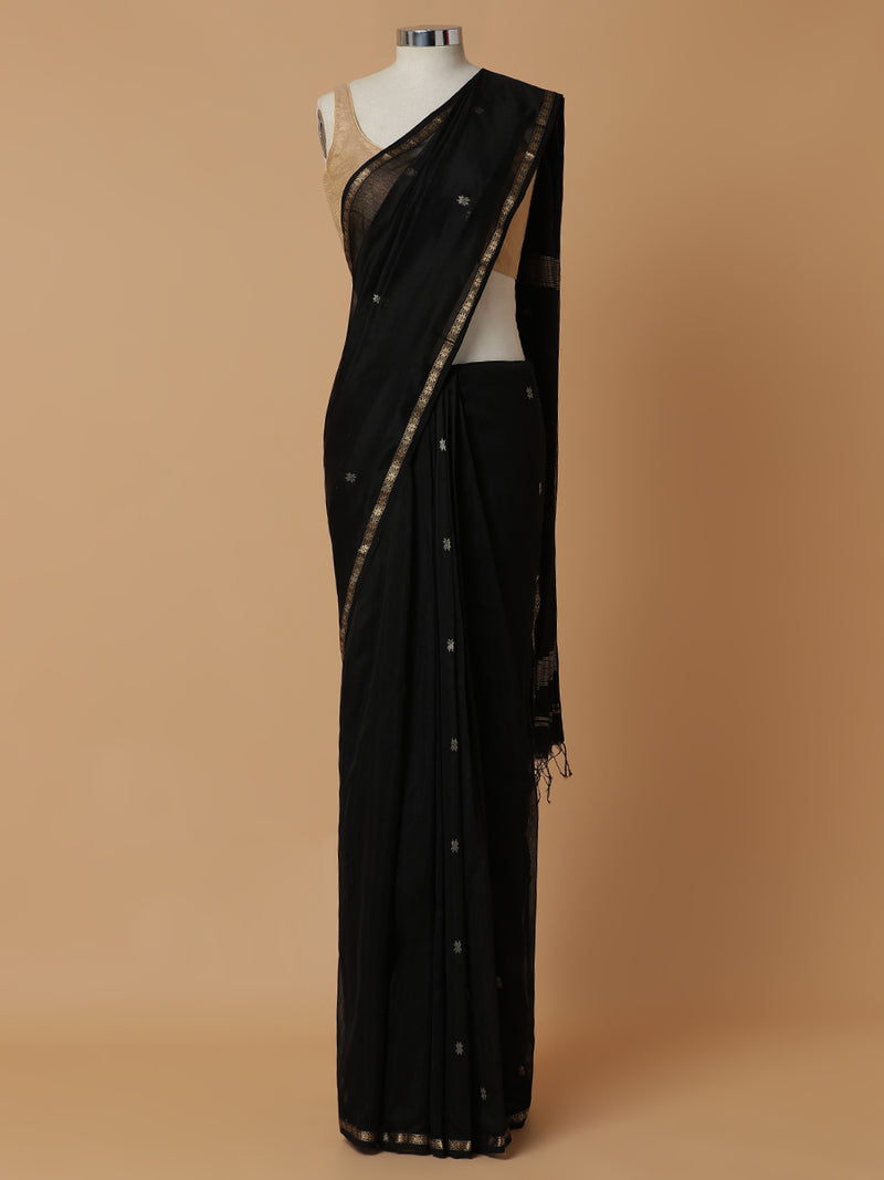 Maheshwari Cotton Silk Jet Black Saree With Chameli Phool Butta-Binks
