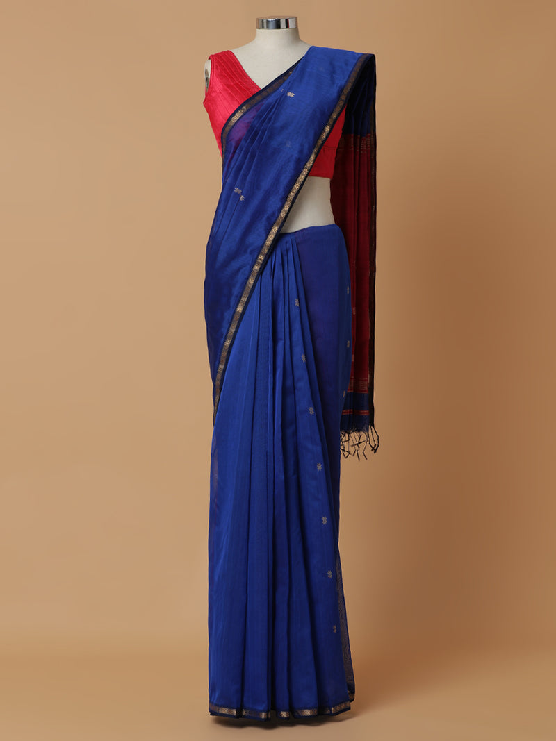 Maheshwari Cotton Silk Royal Blue Saree With Chameli Phool Bhutta-Binks