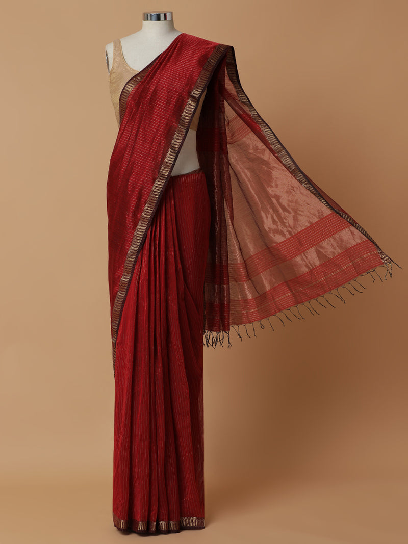 Maheshwari Cotton Silk Cherry Red Saree with Golden Zari Border-Binks