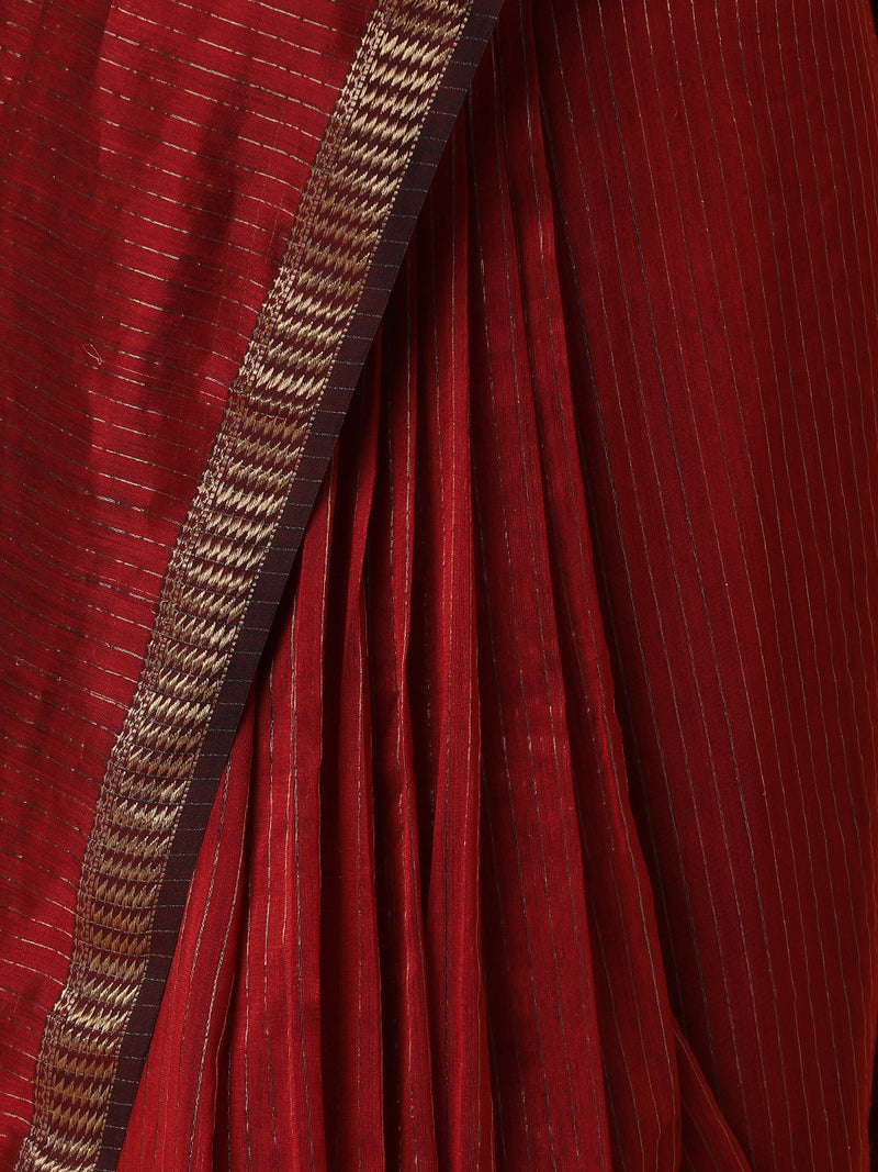 Maheshwari Cotton Silk Cherry Red Saree with Golden Zari Border-Binks