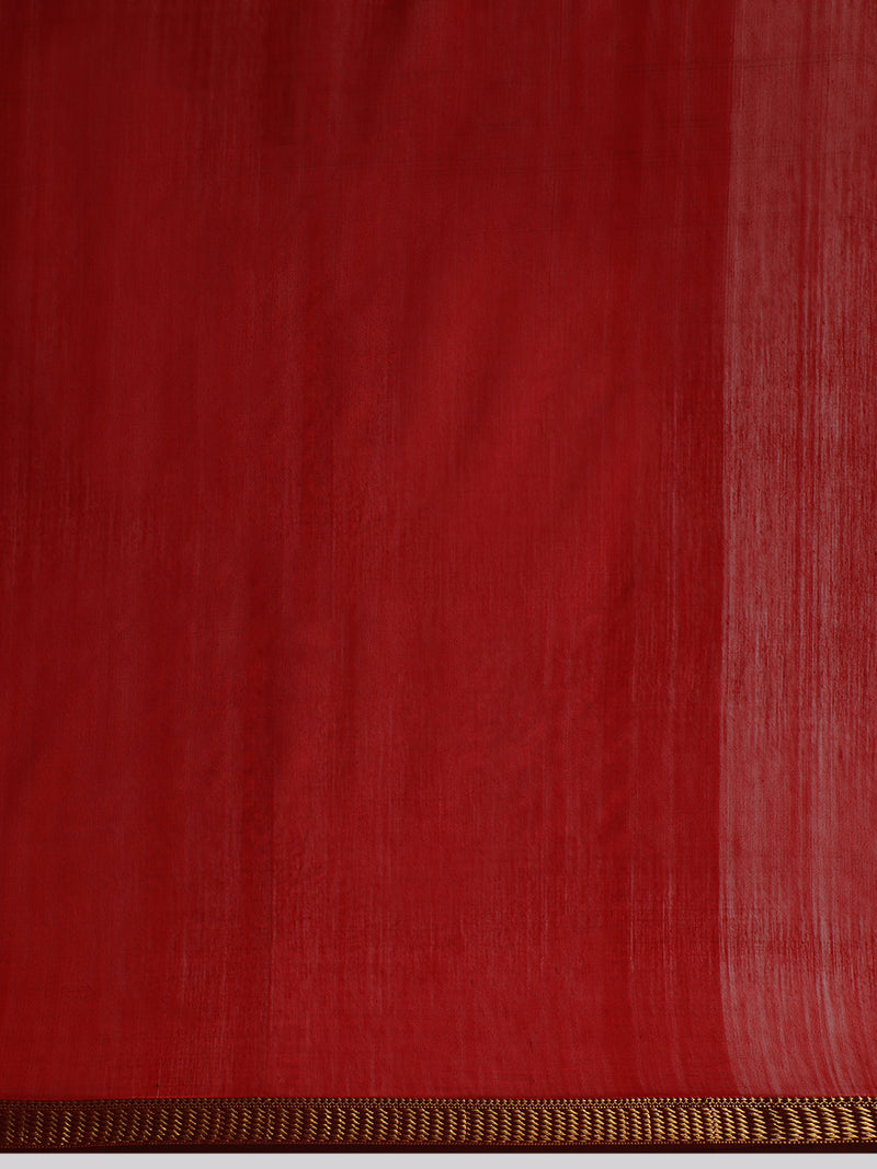 Maheshwari Cotton Silk Cherry Red Saree with Golden Zari Border-Binks