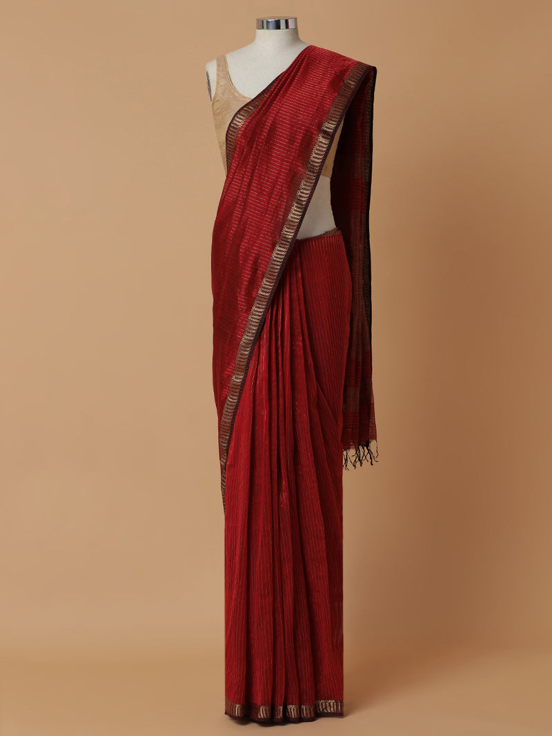 Maheshwari Cotton Silk Cherry Red Saree with Golden Zari Border-Binks