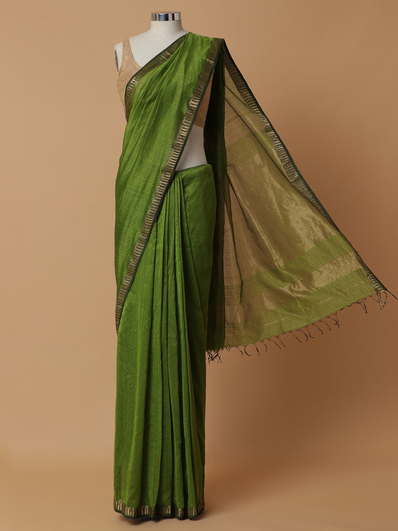 Maheshwari Cotton Silk Green Saree with Golden Zari Border-Binks