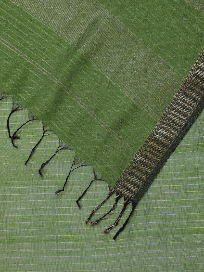 Maheshwari Cotton Silk Green Saree with Golden Zari Border-Binks