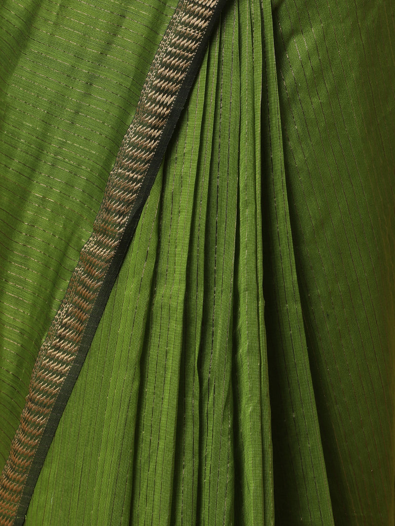 Maheshwari Cotton Silk Green Saree with Golden Zari Border-Binks