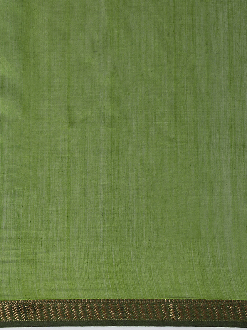 Maheshwari Cotton Silk Green Saree with Golden Zari Border-Binks