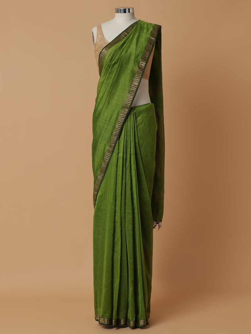 Maheshwari Cotton Silk Green Saree with Golden Zari Border-Binks