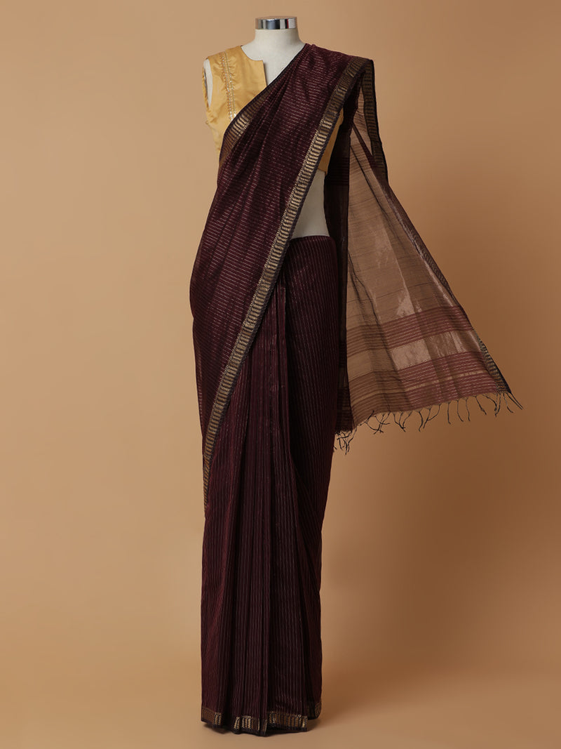 Maheshwari Cotton Silk Dark Wine Saree with Golden Zari Border-Binks