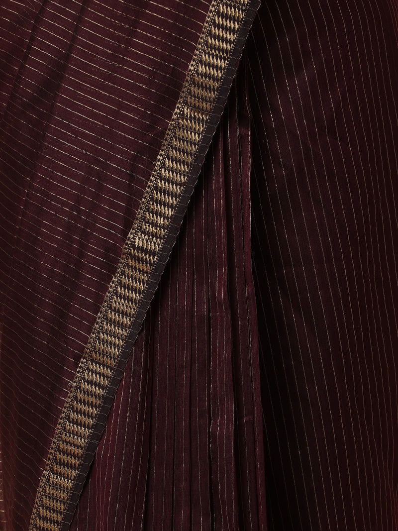 Maheshwari Cotton Silk Dark Wine Saree with Golden Zari Border-Binks
