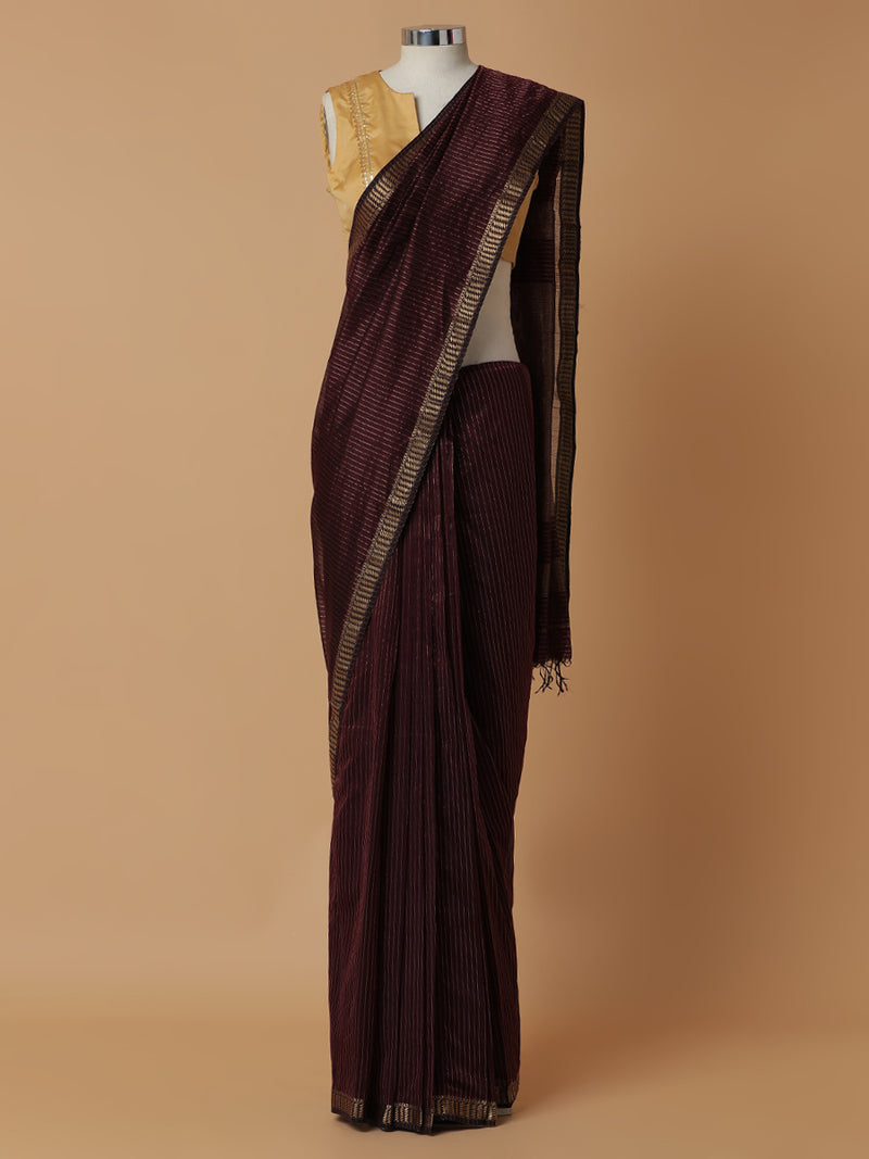 Maheshwari Cotton Silk Dark Wine Saree with Golden Zari Border-Binks
