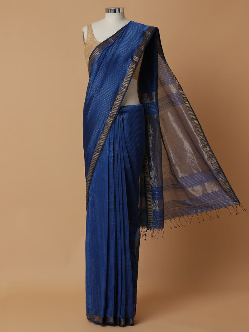 Maheshwari Cotton Silk Indigo blue Saree with Golden Zari Border-Binks