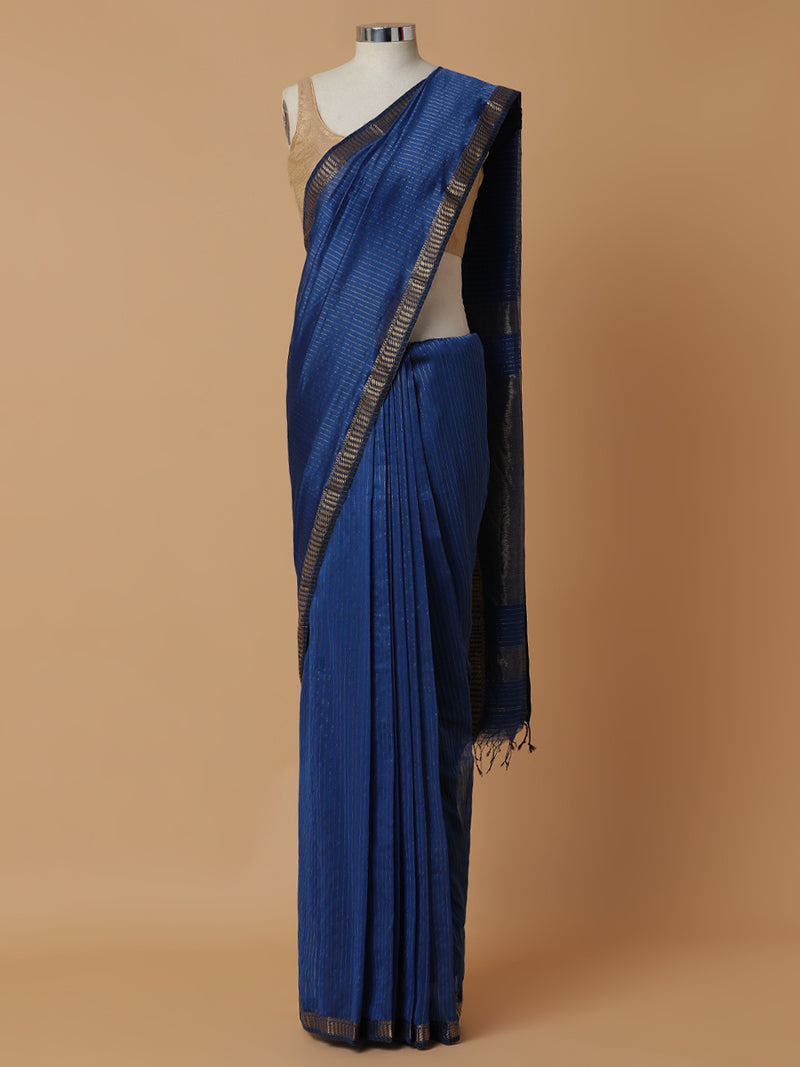 Maheshwari Cotton Silk Indigo blue Saree with Golden Zari Border-Binks