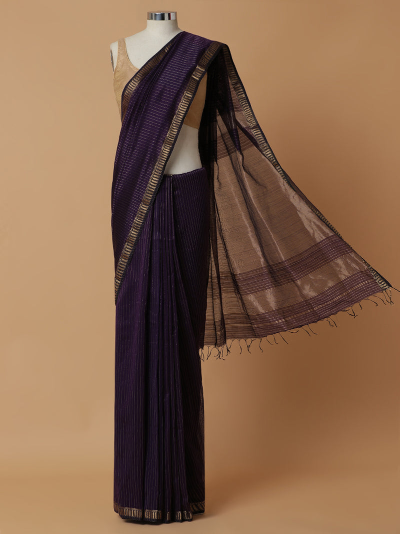Maheshwari Cotton Silk Deep Violet Saree with Golden Zari Border-Binks