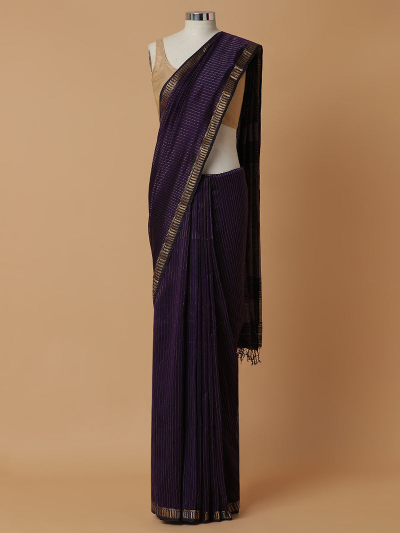 Maheshwari Cotton Silk Deep Violet Saree with Golden Zari Border-Binks