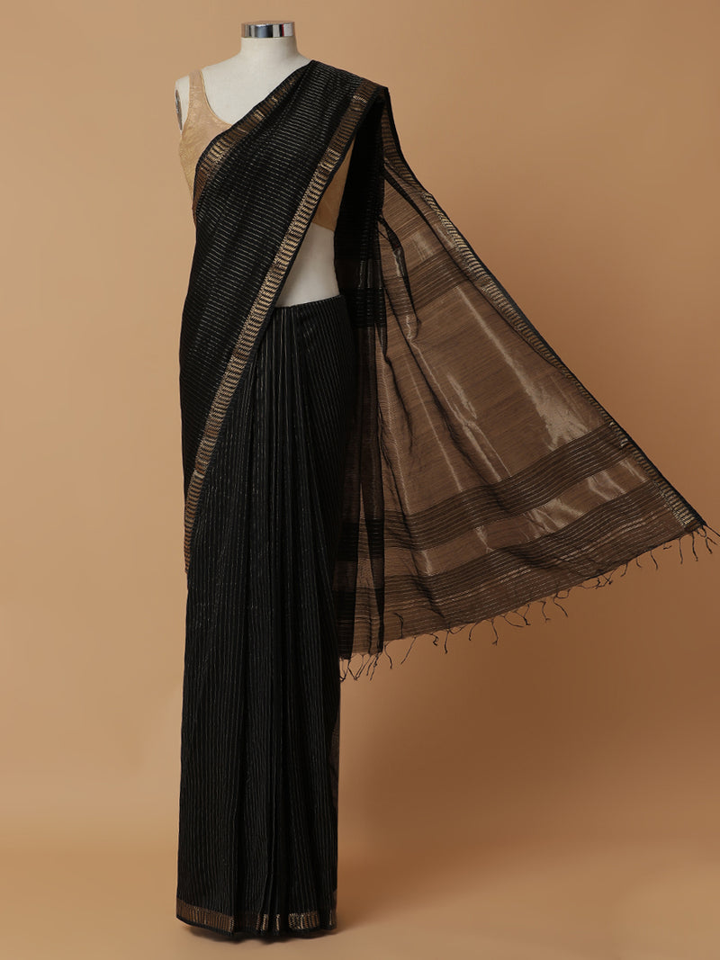 Maheshwari Cotton Silk Black Saree with Golden Zari Border-Binks