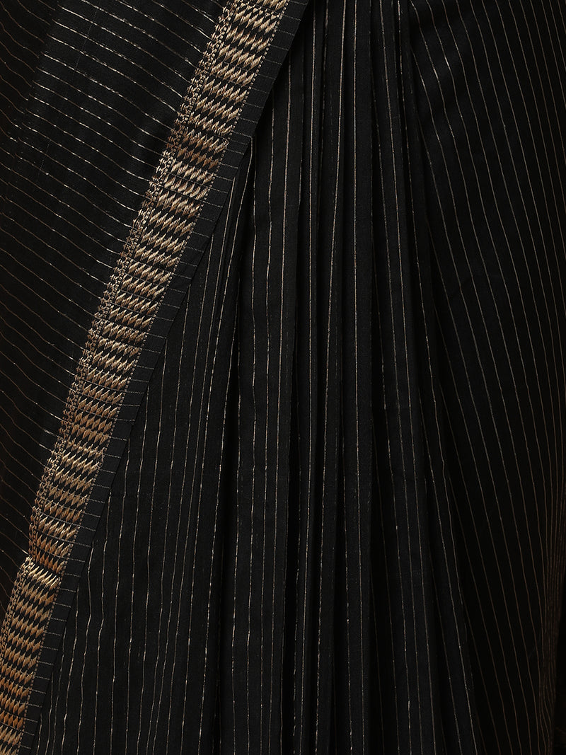 Maheshwari Cotton Silk Black Saree with Golden Zari Border-Binks
