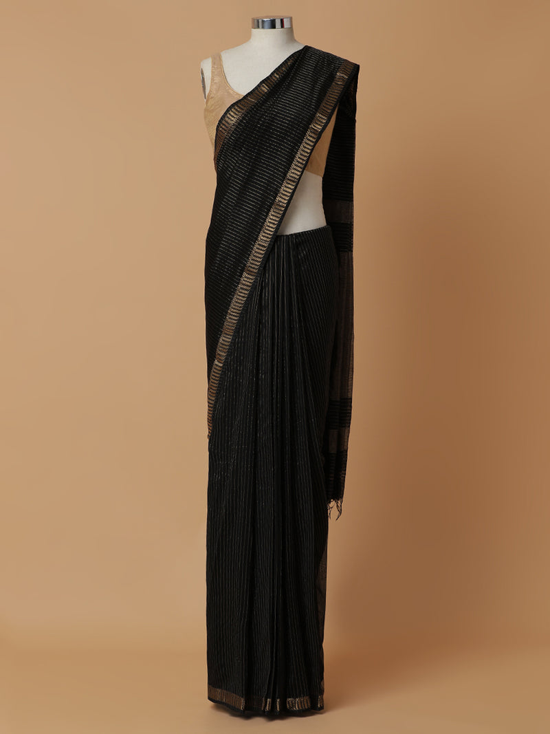 Maheshwari Cotton Silk Black Saree with Golden Zari Border-Binks