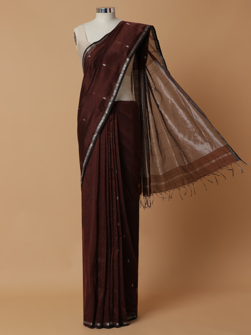 Maheshwari Cotton Silk Brown Chameli Butta Saree with Silver Border-Binks