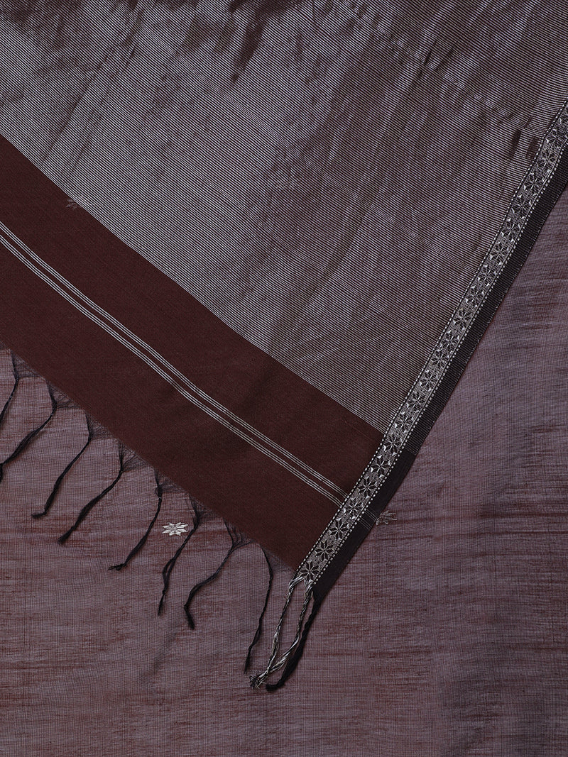 Maheshwari Cotton Silk Brown Chameli Butta Saree with Silver Border-Binks