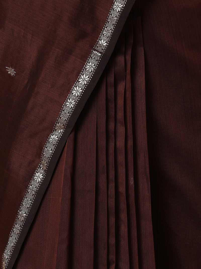 Maheshwari Cotton Silk Brown Chameli Butta Saree with Silver Border-Binks