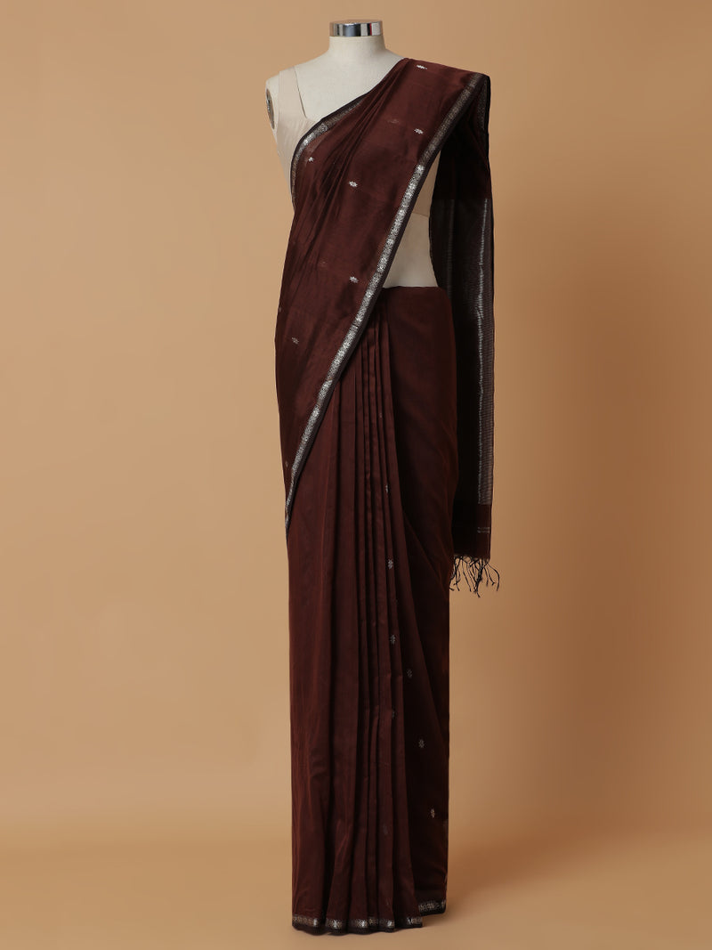 Maheshwari Cotton Silk Brown Chameli Butta Saree with Silver Border-Binks