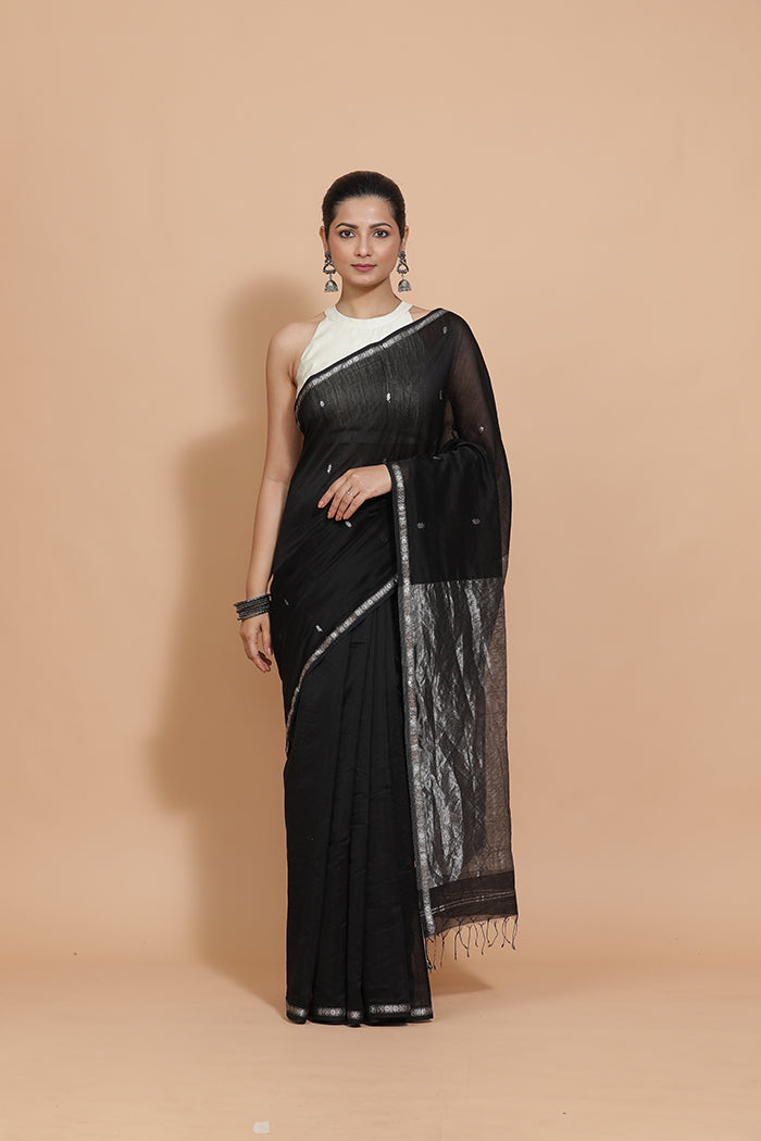 Maheshwari Cotton Silk Black Chameli Butta Saree with Silver Border-Binks