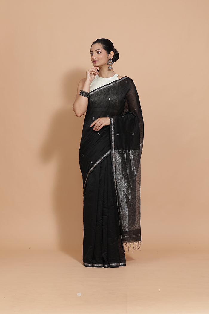 Maheshwari Cotton Silk Black Chameli Butta Saree with Silver Border-Binks