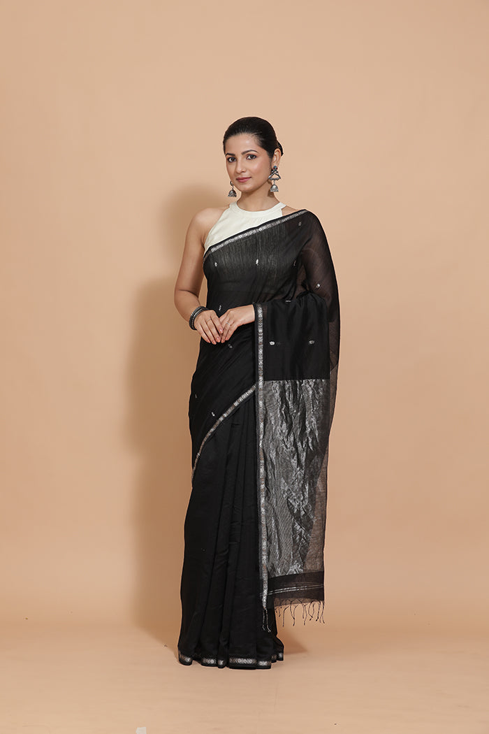 Maheshwari Cotton Silk Black Chameli Butta Saree with Silver Border-Binks