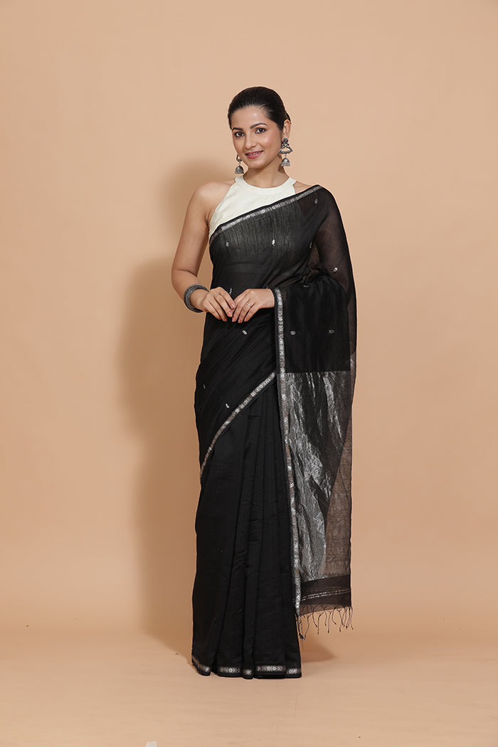 Maheshwari Cotton Silk Black Chameli Butta Saree with Silver Border-Binks