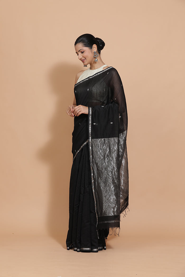 Maheshwari Cotton Silk Black Chameli Butta Saree with Silver Border-Binks