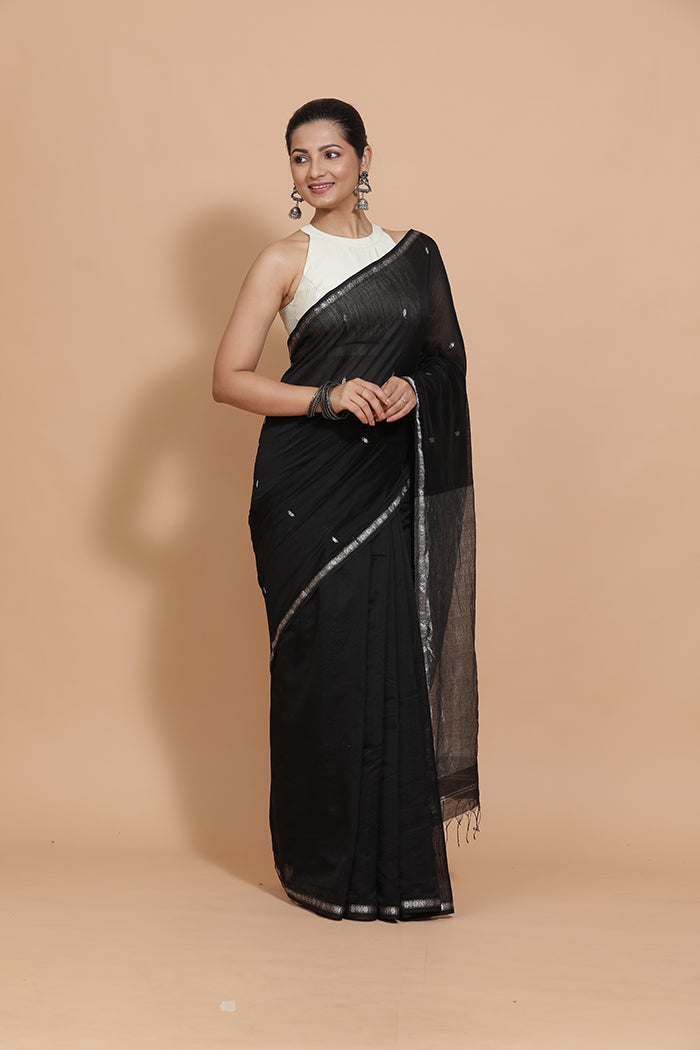 Maheshwari Cotton Silk Black Chameli Butta Saree with Silver Border-Binks