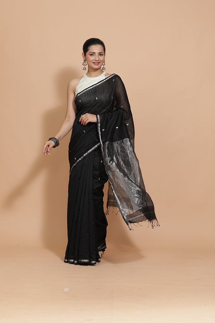 Maheshwari Cotton Silk Black Chameli Butta Saree with Silver Border-Binks