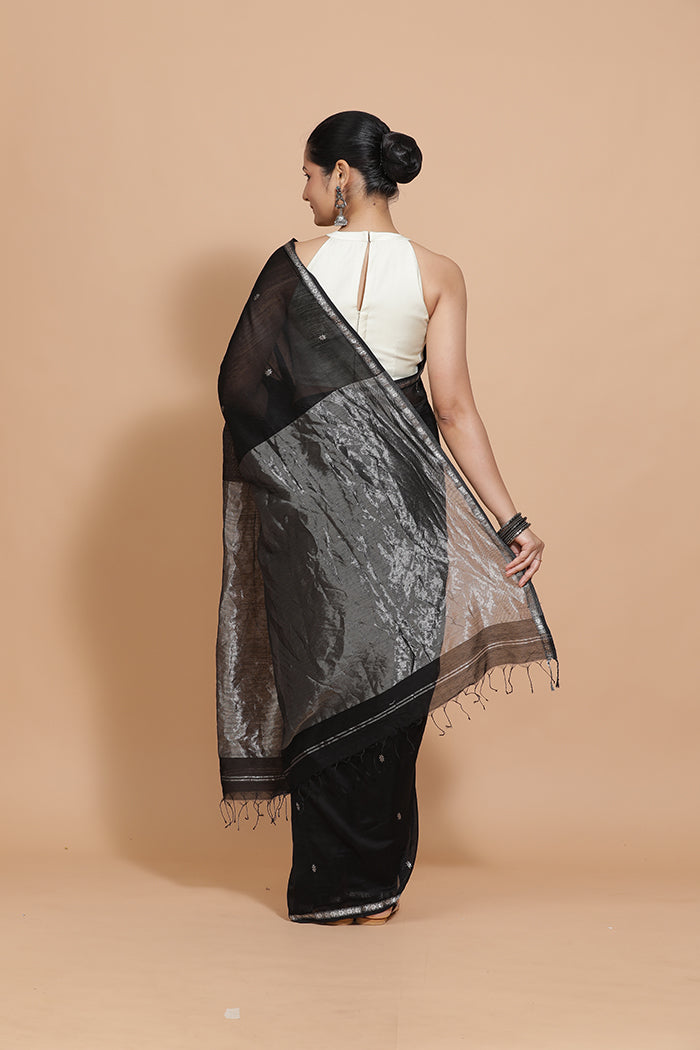 Maheshwari Cotton Silk Black Chameli Butta Saree with Silver Border-Binks