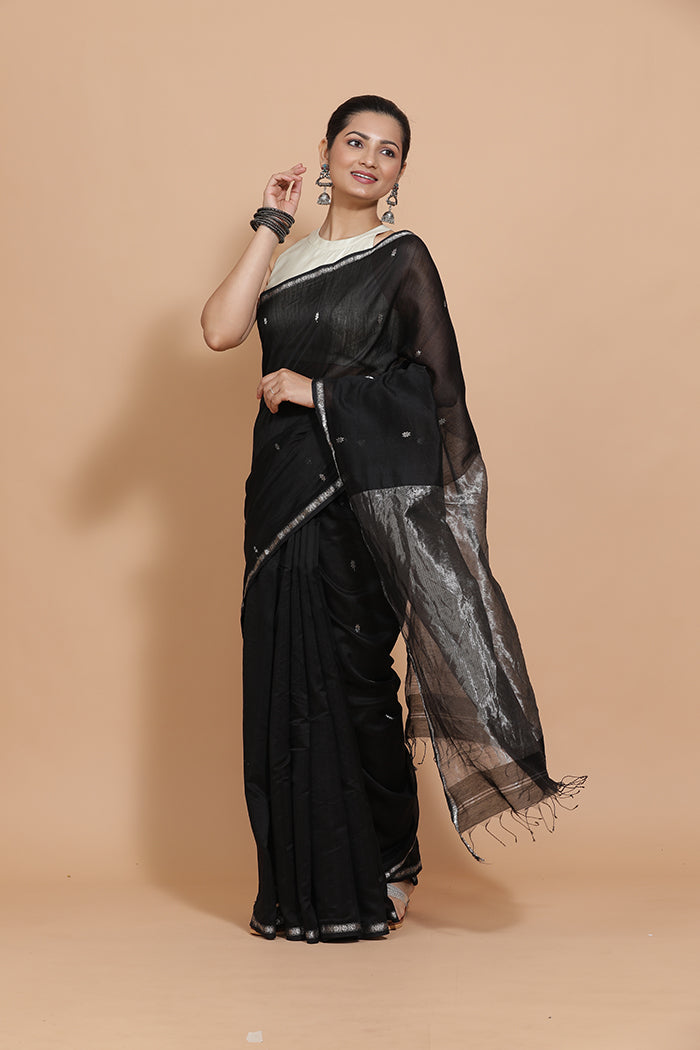 Maheshwari Cotton Silk Black Chameli Butta Saree with Silver Border-Binks