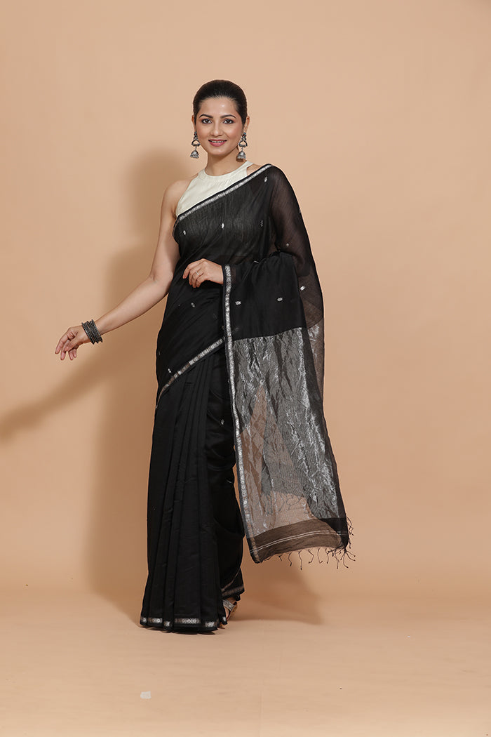 Maheshwari Cotton Silk Black Chameli Butta Saree with Silver Border-Binks