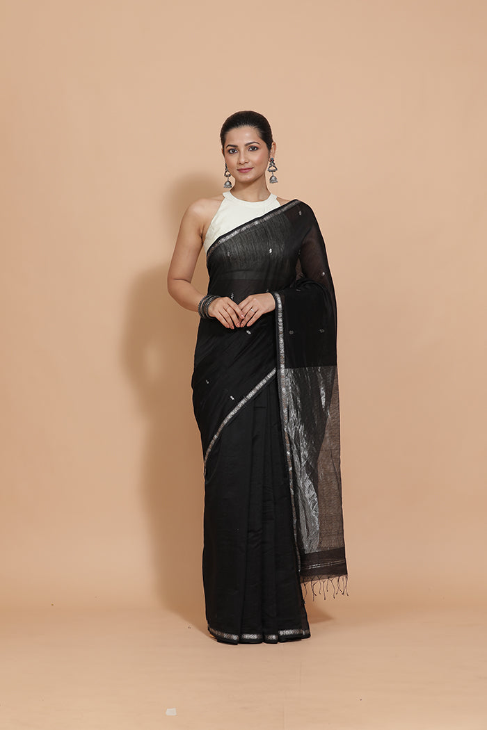 Maheshwari Cotton Silk Black Chameli Butta Saree with Silver Border-Binks